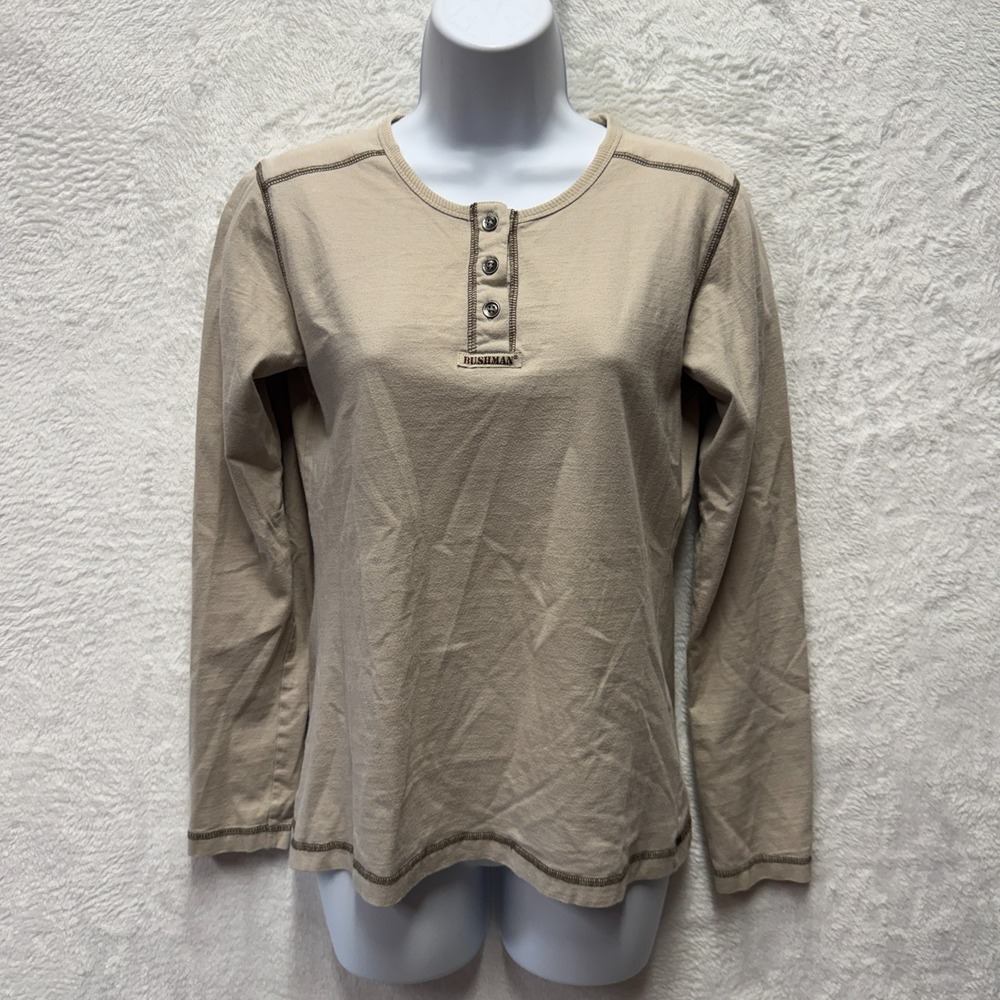 Bushman Expedition Outfitters Henley Shirt Women Medium Beige Long Sleeve Button
